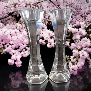 2 Scandinavian Crystal Candlesticks Candle Holder Art Deco Style Sleek Icy Heavy